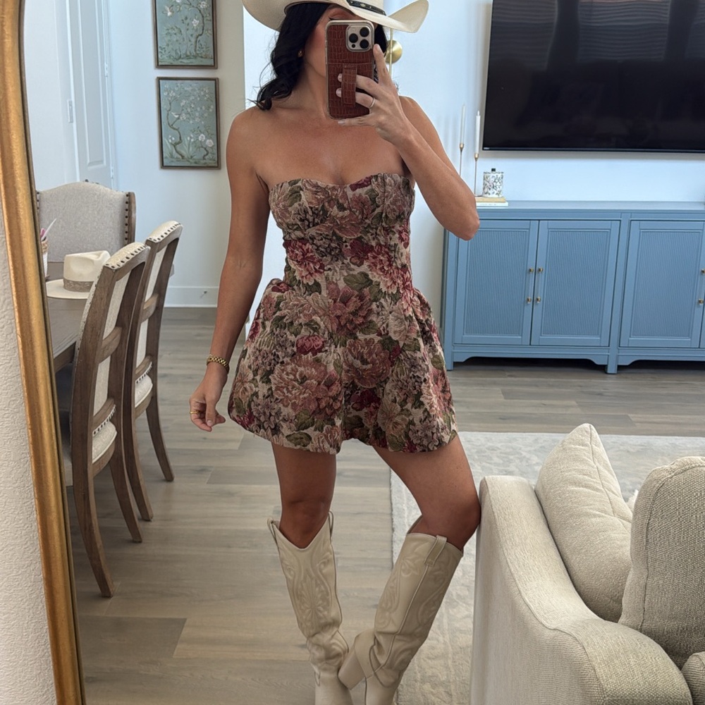 PrettyLittleThing Strapless Floral Mini Dress in Rose and Olive